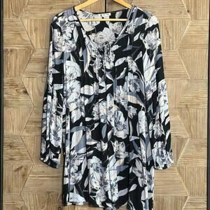 Billabong Floral Mini Dress Boho V-Neck Tunic Black & White Medium